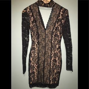 BEBE Women's Black Lace Panel Mock Neck Dress